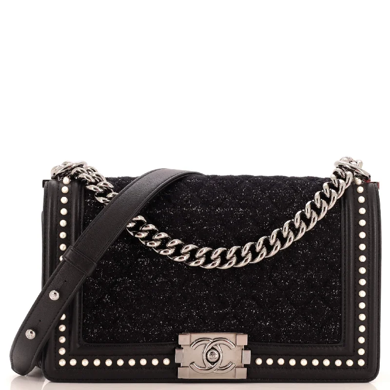 Luxury Christian Dior crossbody bags with a chain - link strapBoy Flap Bag Quilted Tweed with Pearl Embellished Calfskin Old Medium