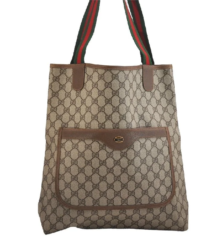 Women Gucci Sylvie bags with a detachable ribbon detailAuthentic GUCCI Web Sherry Line Shoulder Tote Bag GG PVC Leather Brown 2113I