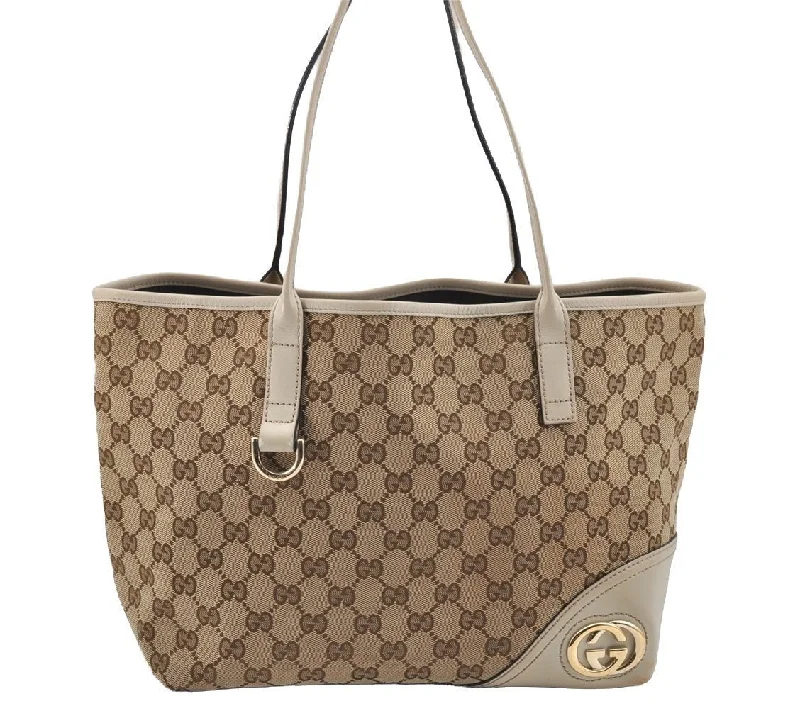 Gucci tote bags for women with a printed Gucci logoAuthentic GUCCI New Britt Shoulder Tote Bag GG Canvas Leather 169946 Brown 2672I