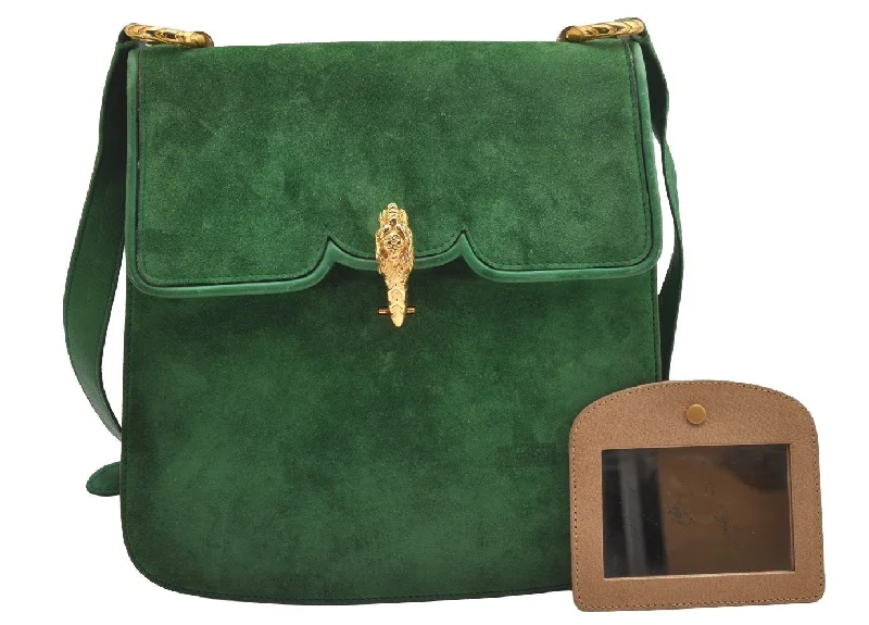 Women Gucci bags with a snap - button closure and a decorative charmAuthentic GUCCI Animalier Tiger Shoulder Crossbody Bag Suede Leather Green 2163I