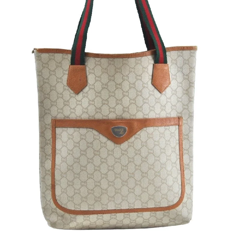 Ladies Gucci Dionysus bags with a chain - link shoulder strapAuthentic GUCCI Web Sherry Line GG Plus Tote Bag PVC Leather Beige K1835