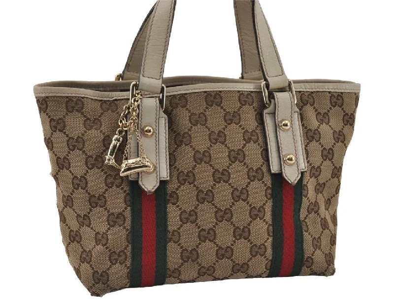 Women Gucci bags with a front - zip pocket for small itemsAuthentic GUCCI Web Sherry Line Tote Bag GG Canvas Leather 139261 Brown 2130I