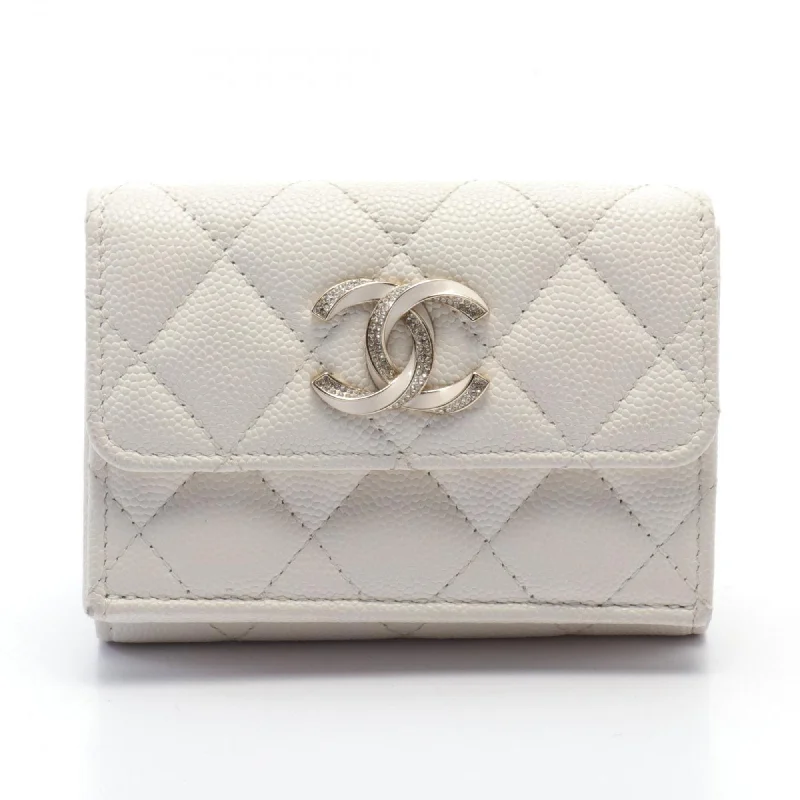 Chanel Luxury Handbag for High - End EventsCHANEL Coco Mark Tri-fold Wallet, Caviar Skin, Women's, White