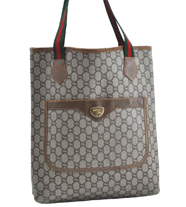 Gucci handbags for women with a metal - framed claspAuthentic GUCCI Web Sherry Line GG Plus Tote Bag PVC Leather Brown K4270