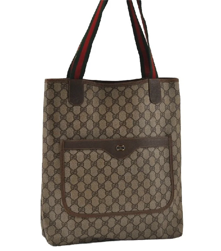 Gucci tote bags for women with a water - resistant coatingAuthentic GUCCI Web Sherry Line Shoulder Tote Bag GG PVC Leather Brown 2147I