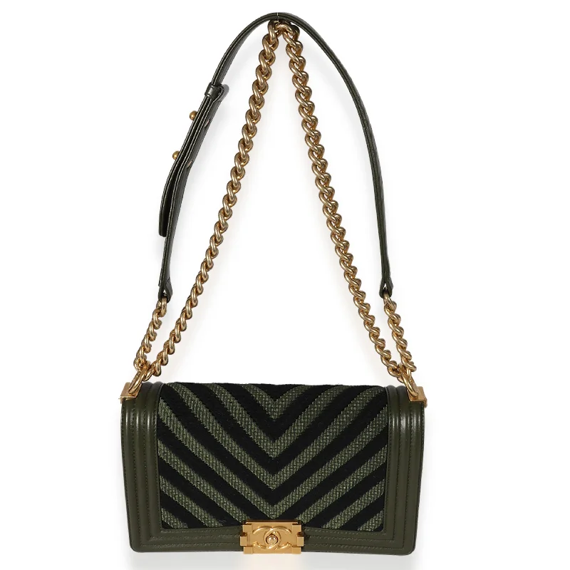 Chanel All - Match Handbag for Versatile StylingCHANEL Khaki and Black Lambskin Braided Chevron Medium Boy Bag