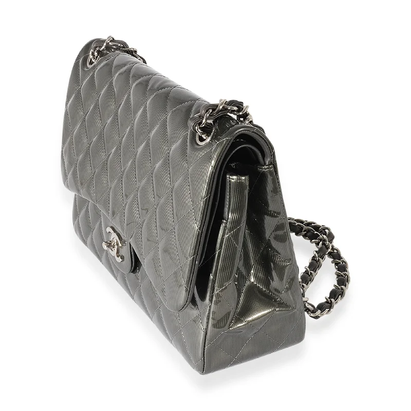 Chanel Lightweight Handbag for Daily ErrandsChanel Grey Patent Leather Stripe Jumbo Double Flap