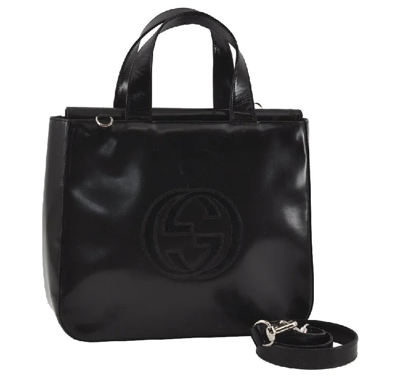 Women Gucci bags with a detachable mirror insideAuthentic GUCCI Interlocking G 2Way Shoulder Hand Bag Enamel Black Junk 2252I