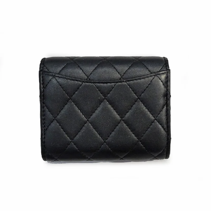 Chanel All - Match Handbag for Versatile StylingCHANEL Compact Wallet AP0229 All Black Leather Coco Three Fold Wallet Mini