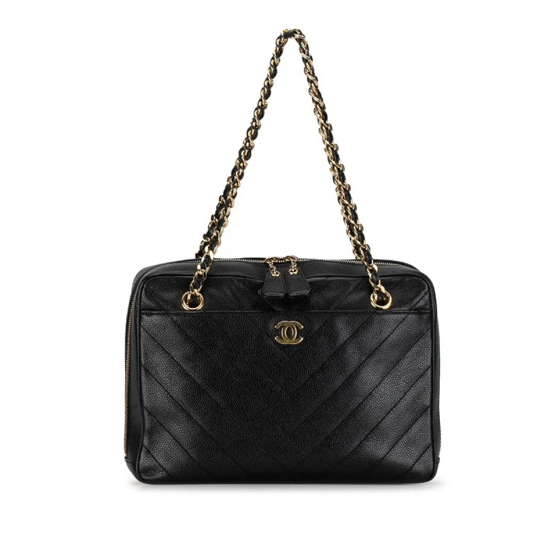 Chanel Classic Flap Bag for Evening PartyChanel Coco Mark V Stitch Double Flap Chain Shoulder Bag Black Caviar Skin Women's CHANEL