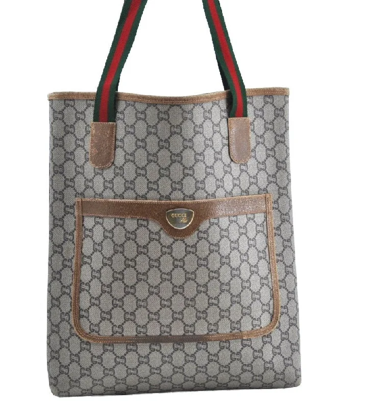 Gucci Marmont bags for women with gold - toned hardwareAuthentic GUCCI Web Sherry Line GG Plus Tote Bag PVC Leather Brown K4173