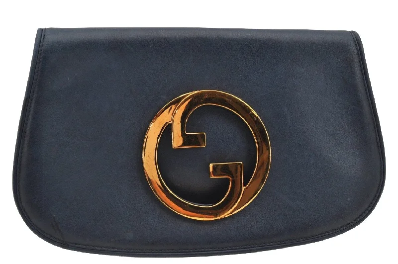 Gucci handbags for women with a back - zip pocketAuthentic GUCCI Blondie Vintage Clutch Hand Bag Purse Leather Navy Blue 2667I